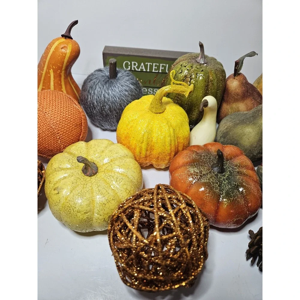 Huge Fall Decor Lot Faux Pumpkins Sunflower Fruit Grateful Sign Gourd Pinecone